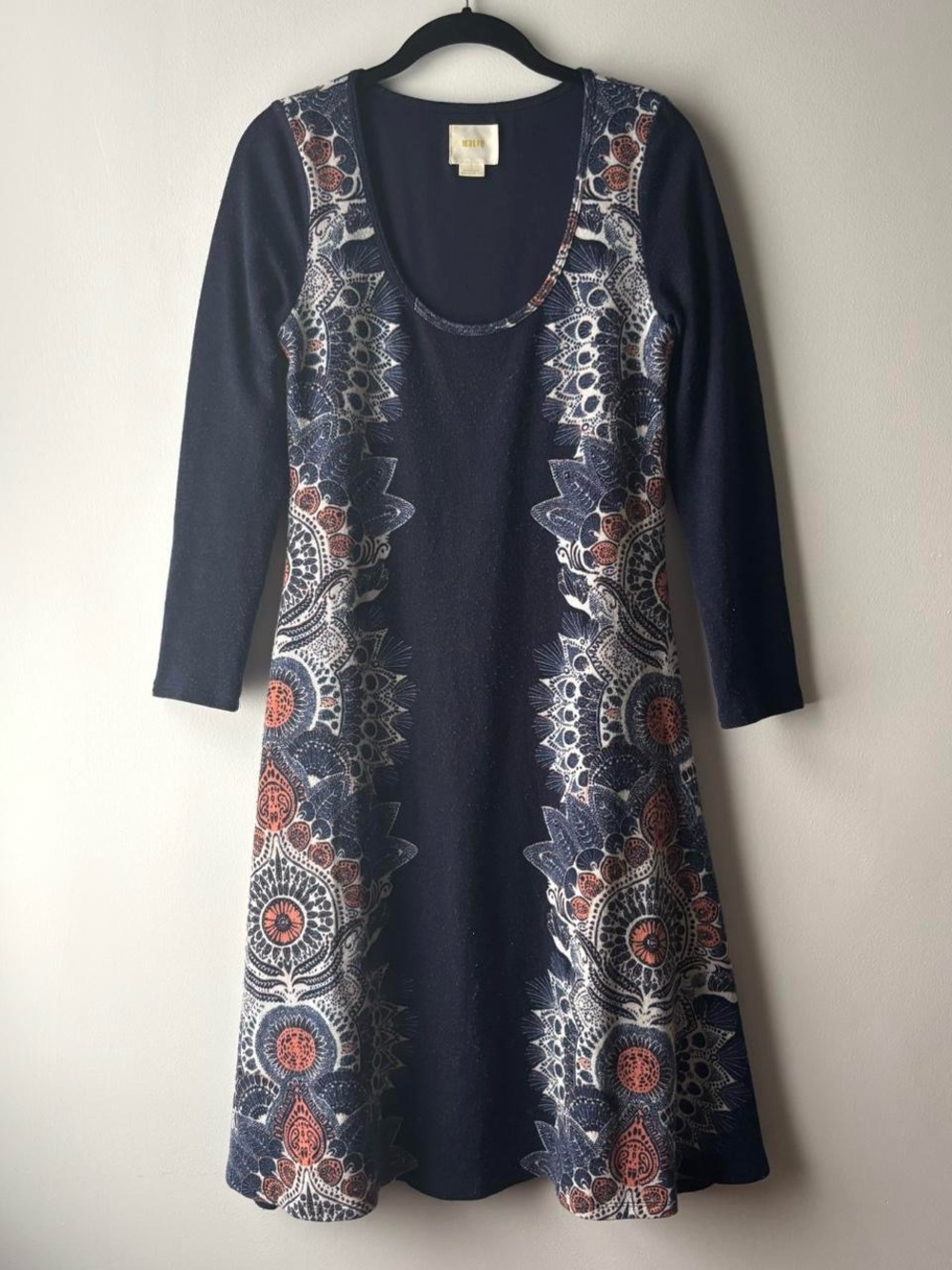Maeve dark blue abstract print midi stretch knit long sleeve sweater dress